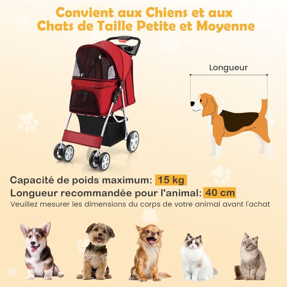 poussette rouge convient chiens chats petite taille et moyenne taille