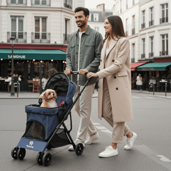 Poussette petit chien maille respirante couple jeune 40 ans