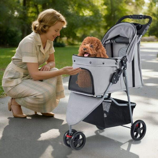 Transport facile chien en poussette dans un parc avec femme