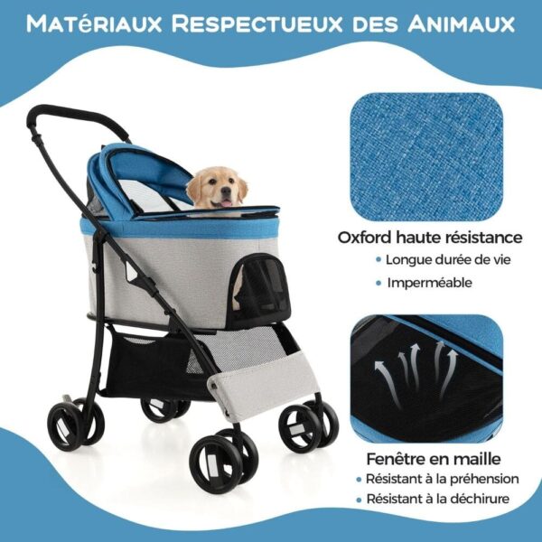 materiaux respectueux des animaux pour cette poussette en gris et bleu