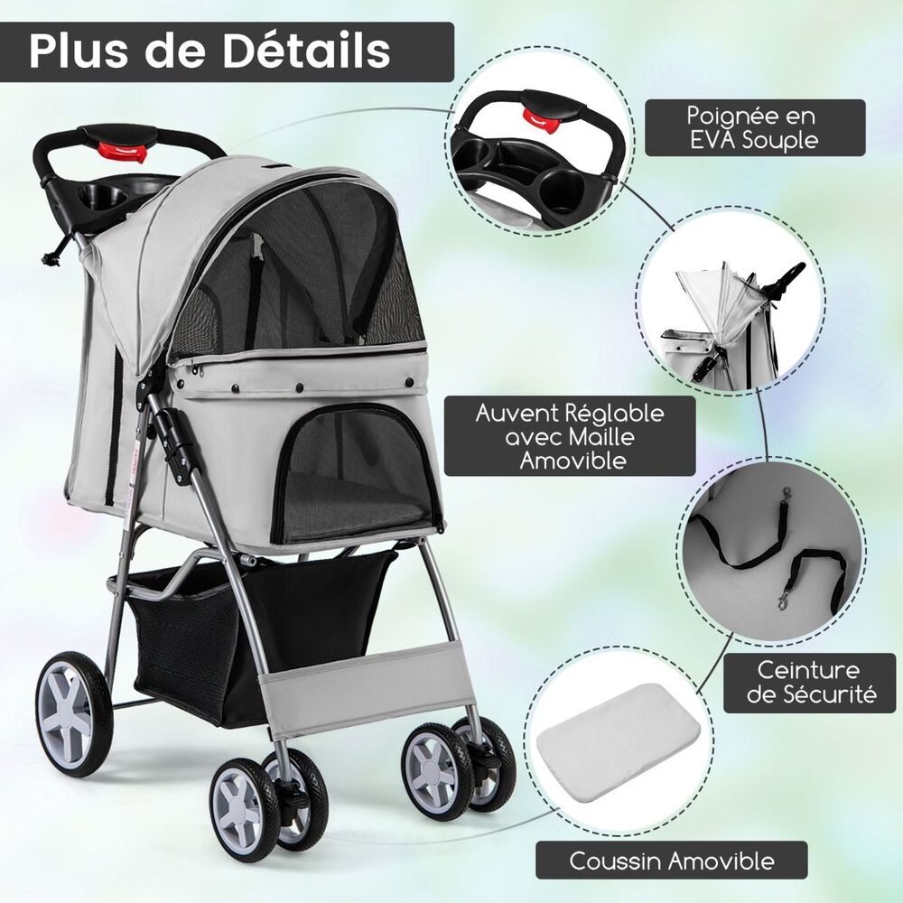 Poussette Pour Chien Pliable gris avec details