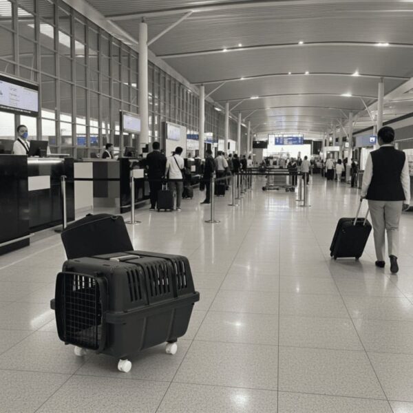 Cage Chien Cargo Roue dans aéroport noir et blanc