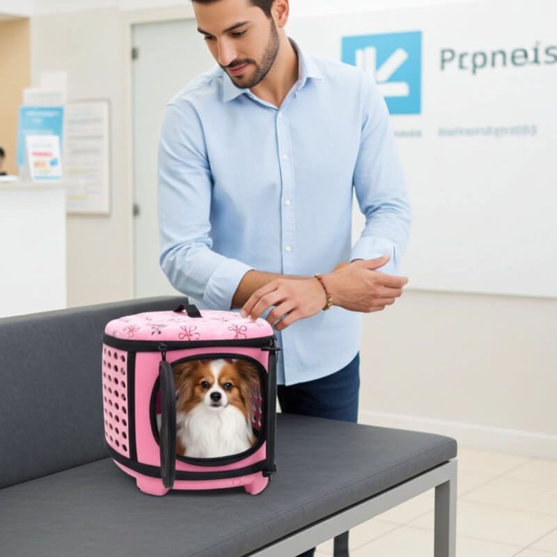Cage chien souple pliable en matériau EVA rose pour transport