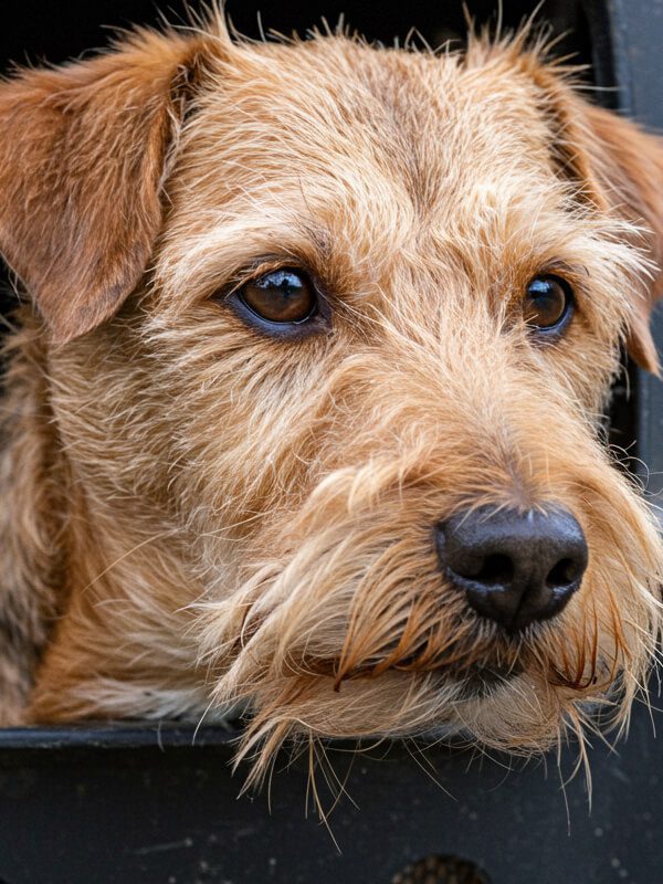 tete chien dans une cage de transport plastique