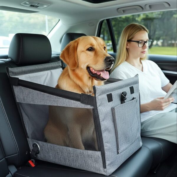 Caisse de transport sécurisée chien labrador voiture femme blonde