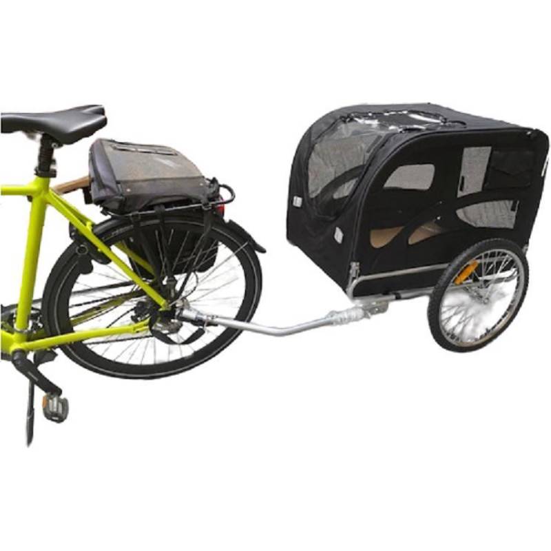 Vue latérale remorque vélo chien noire avec ventilation et vélo