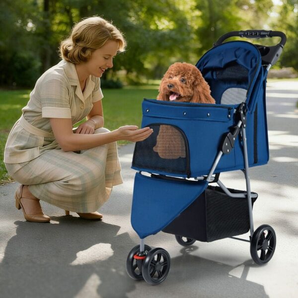 femme blonde dans un parc avec sa poussette bleu et son chien