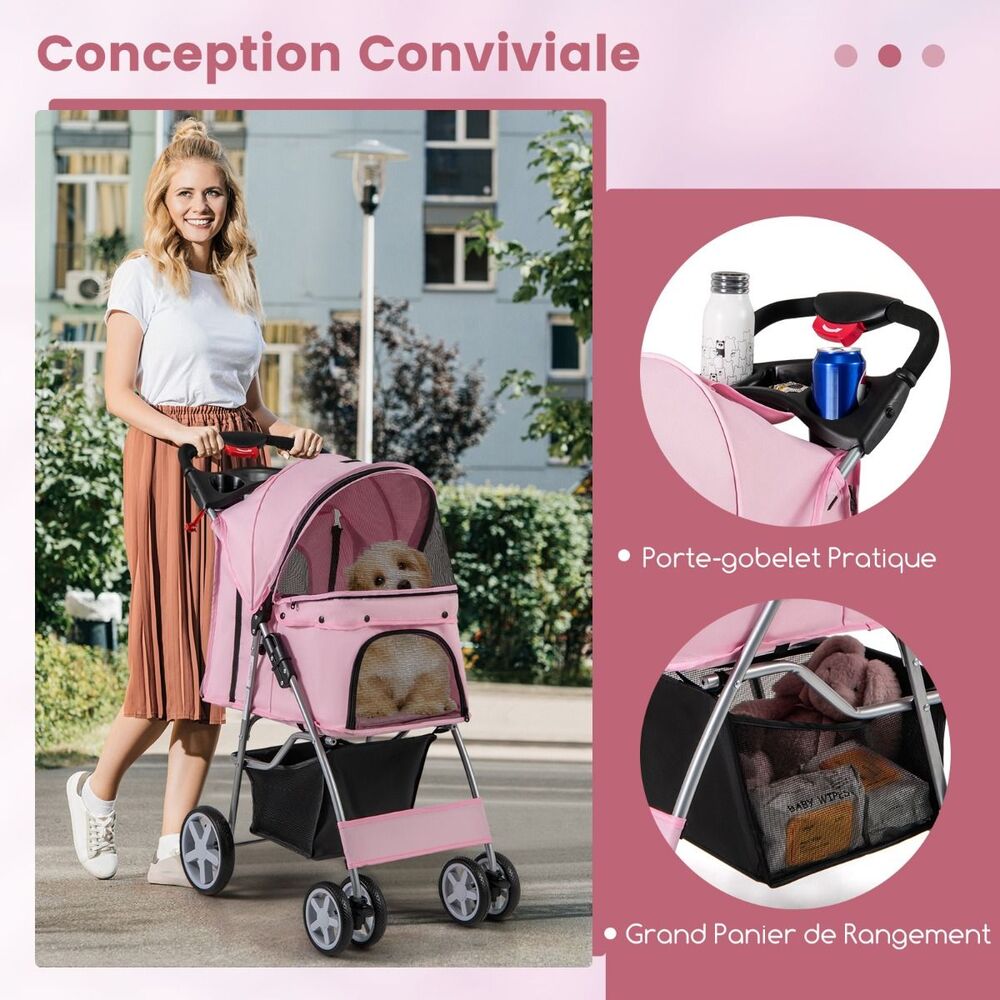 poussette pour chien rose avec porte gobelet et panier de rangement