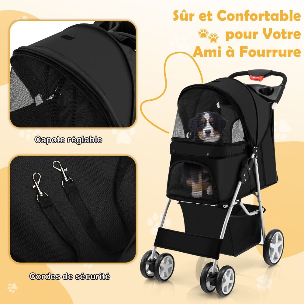 Poussette Pour Chien Noir capote reglable et cordes de securite