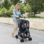 femme promene chien et chat dans double poussette