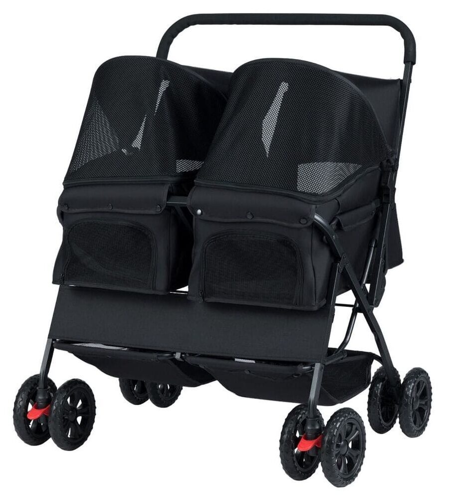 Poussette pour 2 chiens double siège noir pliable aluminium