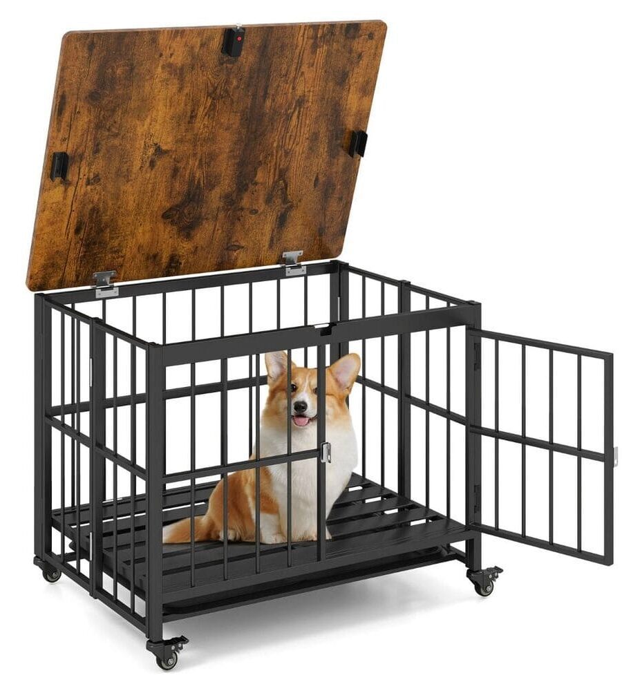 Cage chien bois avec roulettes 80 cm meuble 2 en 1 table appoint