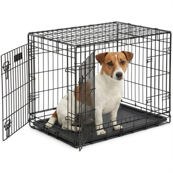 téléchargement (3) Cage chien S noire 61 cm pliable 2 portes bac plastique