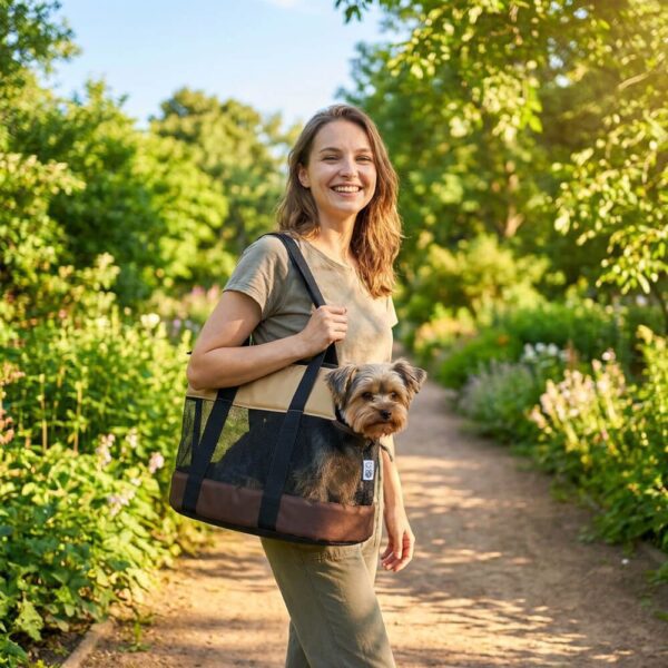 Sac transport chien ultra léger dans une allee dans un parc avec femme