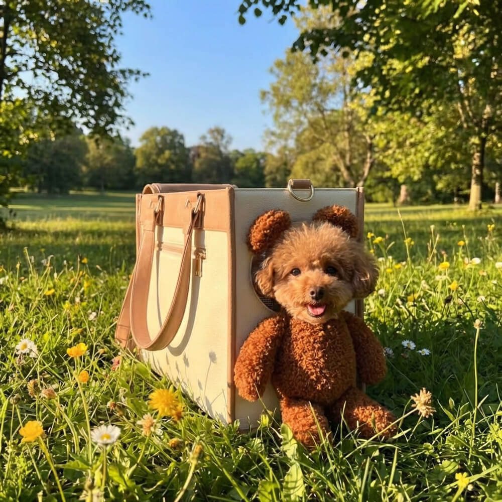 Vue profil sac transport rigide ours peluche dans l herbe avec des fleurs