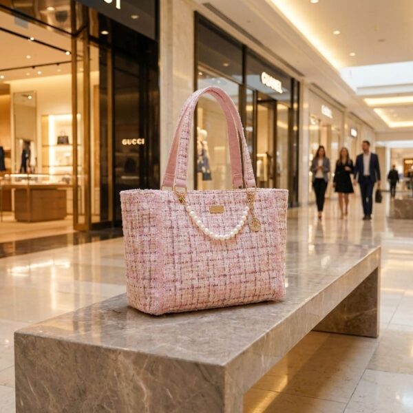 Sac transport chien tweed noir rose chic laine