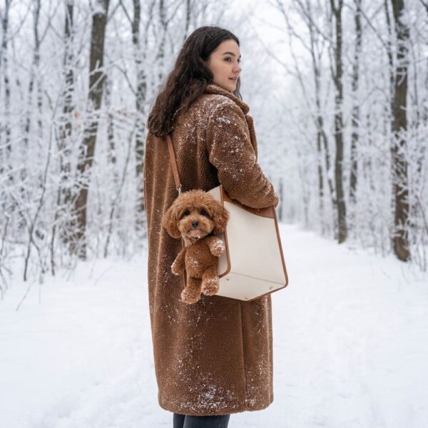 Femme avec manteau moumoute portant sac chien ours peluche bandoulière