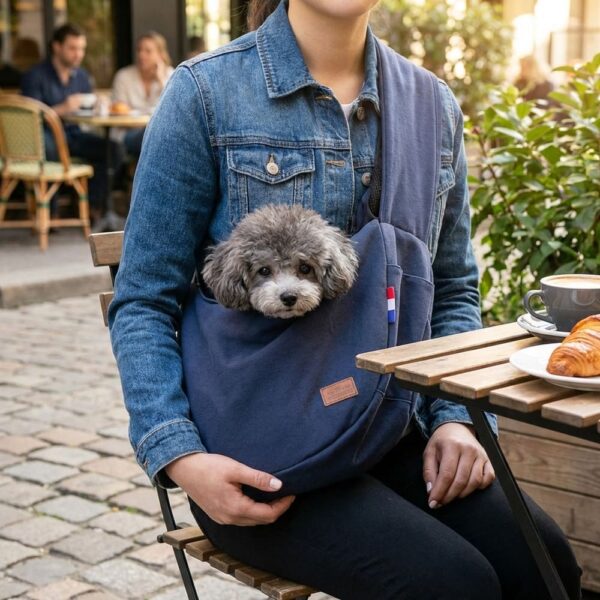 Sac transport chien bandoulière en terasse dans un bar restaurant
