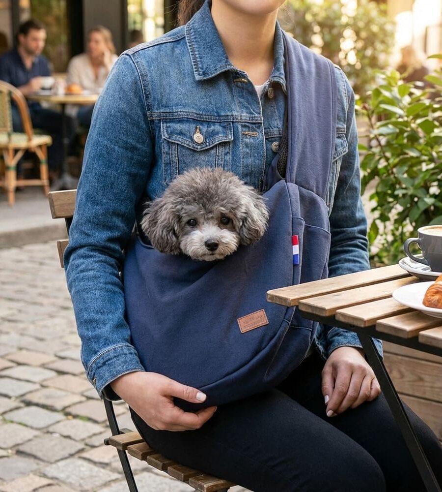 Sac transport chien bandoulière en terasse dans un bar restaurant