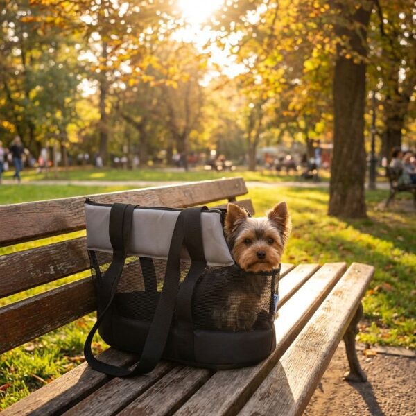 Sac transport chien ultra lége sur un banc