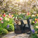 Sac transport chien ultra léger sur un bamc jardin fleurie