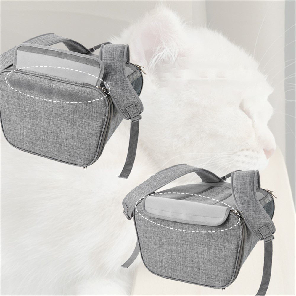 Sac gris à bretelles vu sous deux angles, rabat rembourré dessiné en pointillés, devant un chat blanc