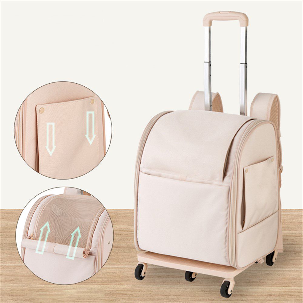 Sac à roulettes beige, deux gros plans de fermetures coulissantes à flèches à gauche, poignée télescopique déployée