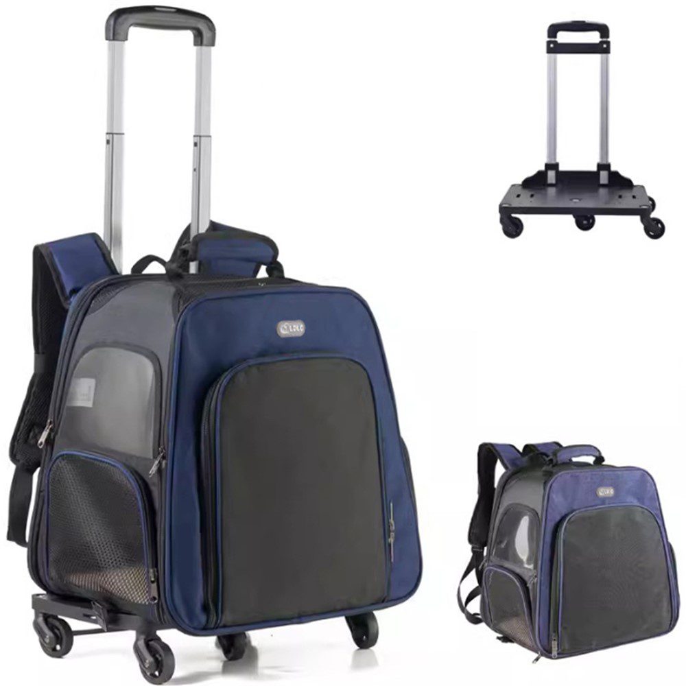 Sac à dos trolley marine à fenêtre latérale grillagée, grande poche frontale noire, châssis à roulettes détaché à droite