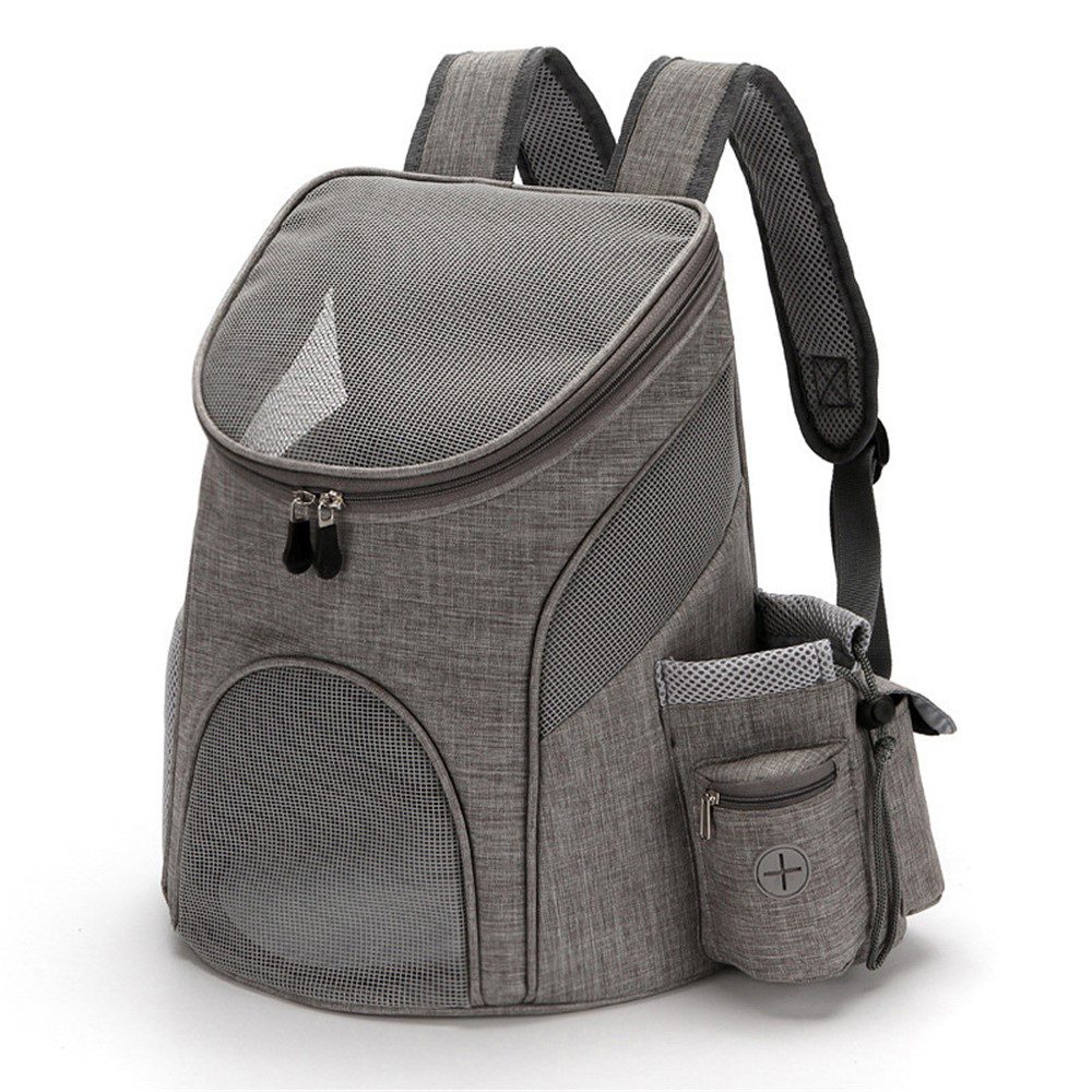 Sac à dos de portage gris avec poche latérale à fermeture, toit en maille, ouverture avant ronde et sangles réglables