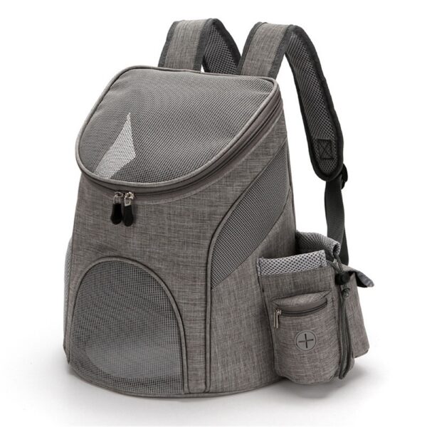 Sac à dos de transport gris chiné, dessus et face en maille transparente, bretelles larges et poche à gourde zippée