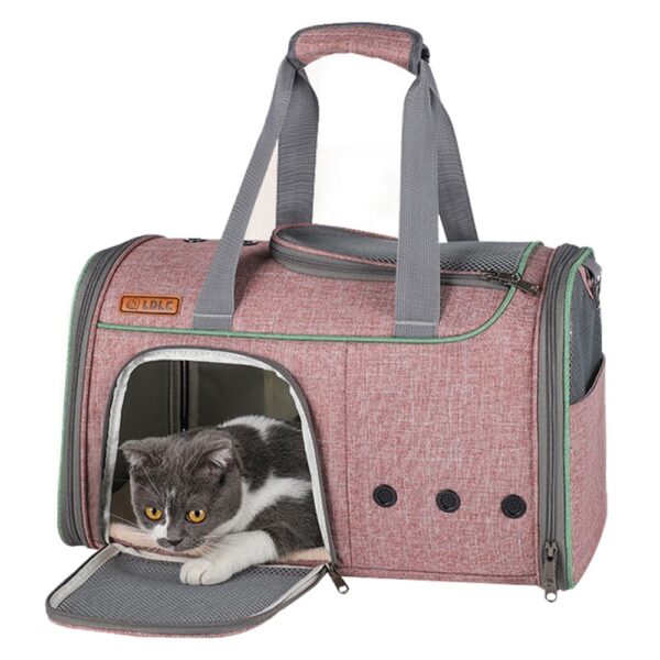 Sac de transport rose à liserés verts, un chat gris et blanc allongé dans l'ouverture du côté, trois petits trous d'aération