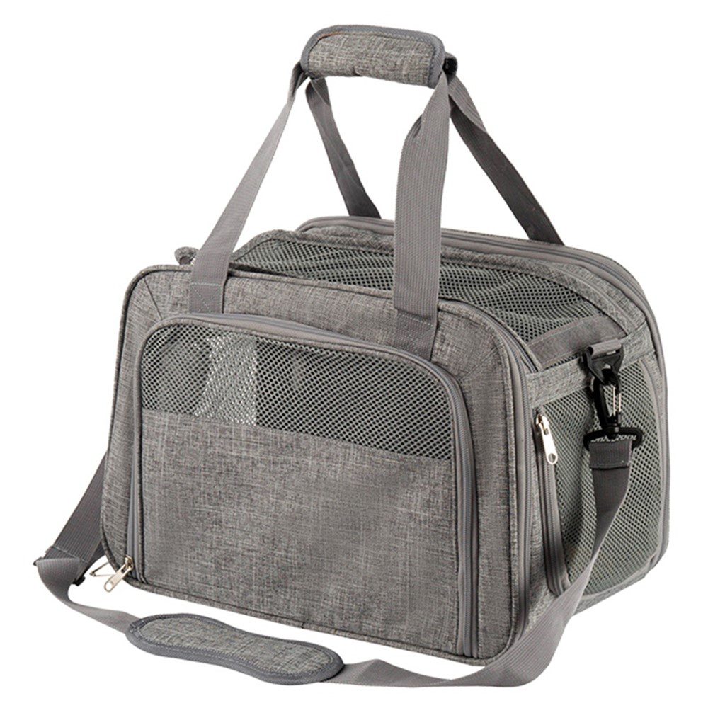 Sac souple gris à anses tressées et large bandoulière détachable, panneaux de ventilation en filet, vu en légère plongée