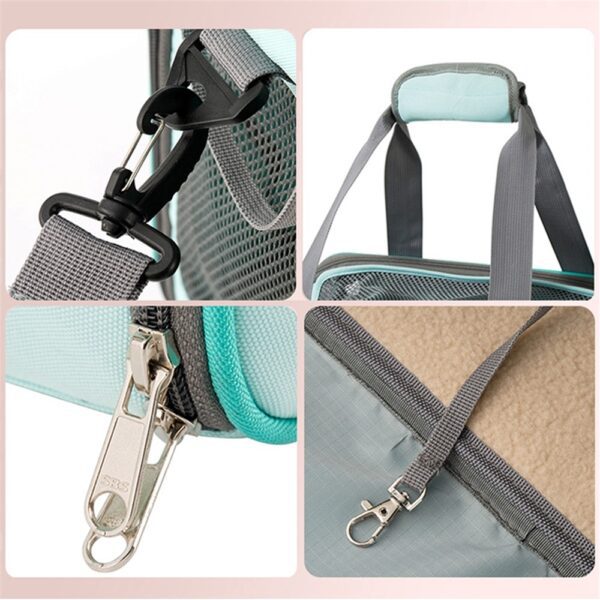 Quatre détails du sac turquoise : mousqueton d'épaule, poignée matelassée, curseur de zip et sangle de sécurité intérieure