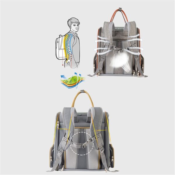 Schéma d'un sac à dos de portage ergonomique : silhouette d'un garçon, dos aéré et ventilation en filet
