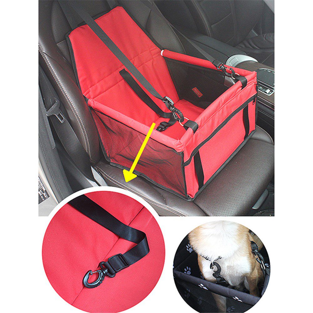 Siège auto rouge installé sur un siège de voiture avec flèche jaune, détail du mousqueton noir et chien attaché
