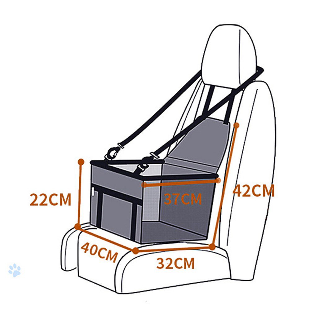 Schéma des dimensions d'un siège auto pour chien posé sur un fauteuil, cotes de 22, 32, 37, 40 et 42 cm