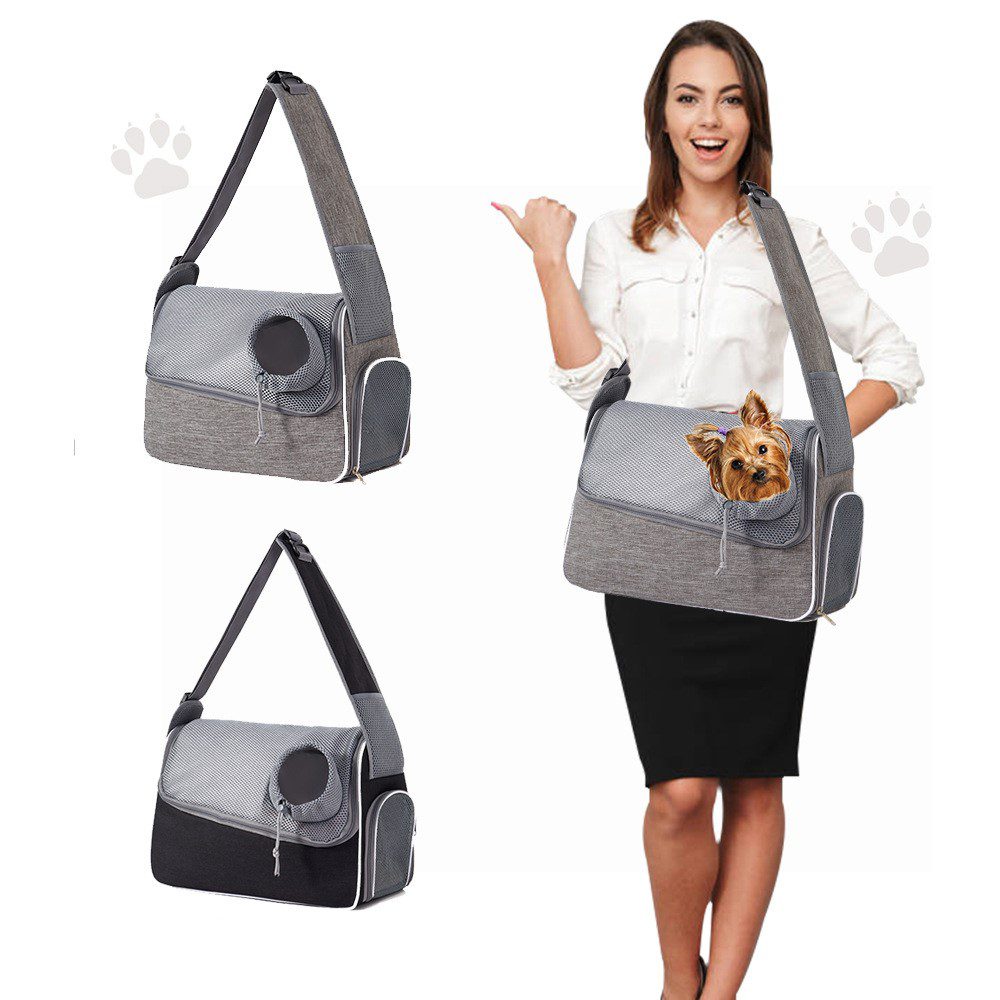 Femme souriante portant le sac gris en bandoulière avec un petit yorkshire à la tête sortie, et deux vues du sac