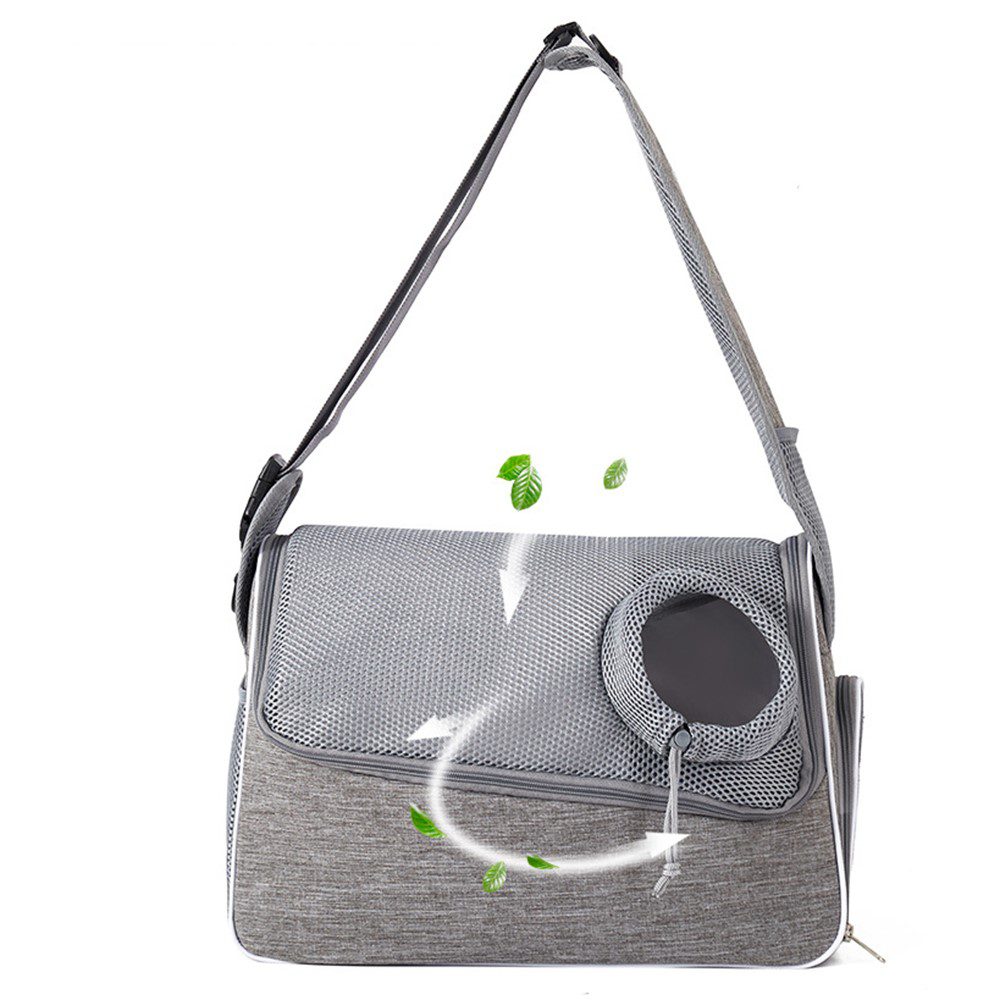 Sac gris au rabat en mesh et hublot rond à cordon, avec feuilles et flèches circulaires illustrant l'aération