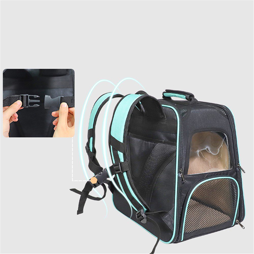 Sac à dos turquoise et noir à fenêtre mesh, gros plan sur une boucle de sangle et flèches de ventilation