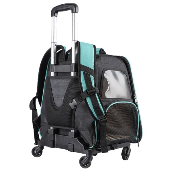 Sac à dos à roulettes turquoise et noir vu de dos, poignée télescopique, bretelles repliées, fenêtre mesh latérale