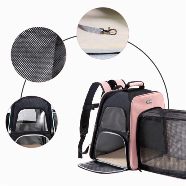 Sac à dos rose et noir déployé avec extension en filet latérale, zooms sur le mesh, la laisse intérieure et la fenêtre