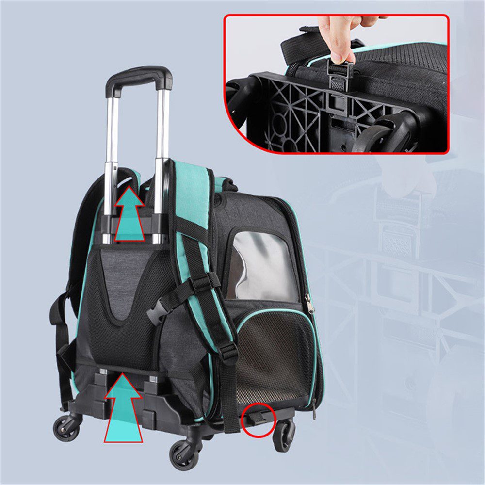Sac à roulettes turquoise avec flèches montrant le rangement des bretelles, détail du mécanisme des roues en haut