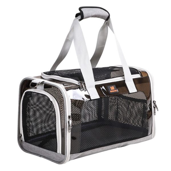 Sac de transport à mailles noires et bords gris, poignées grises, dessus et côté transparents, vu de trois quarts