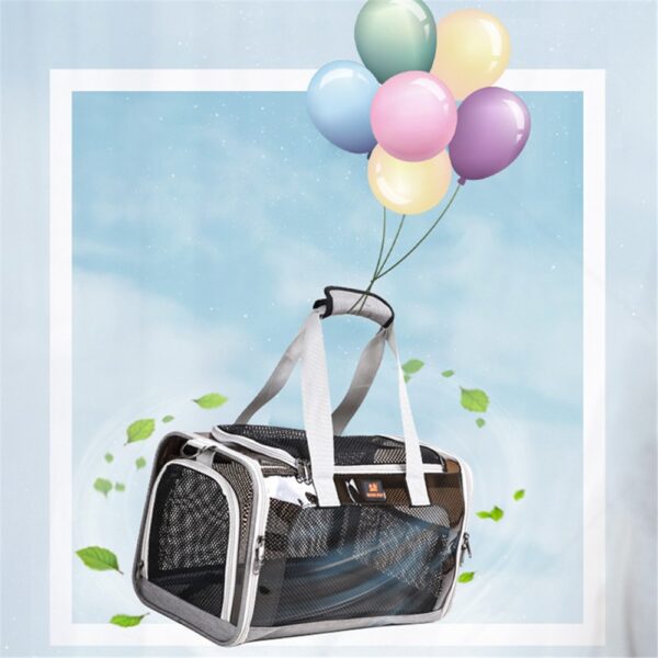 Sac de transport gris en filet suspendu à un bouquet de ballons colorés sur fond de ciel bleu et feuilles vertes
