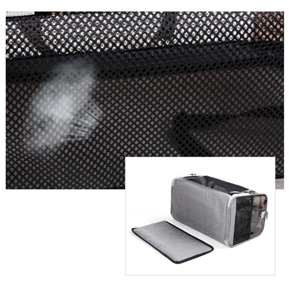 Gros plan sur le filet noir du sac, avec en encart le sac gris et son tapis de fond rigide posé devant