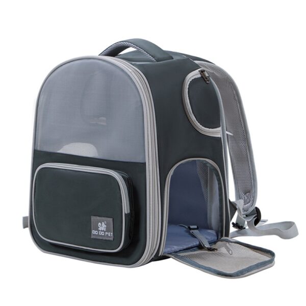 Sac à dos de transport gris anthracite, dôme transparent, poche avant zippée, bretelles et sangle de sécurité intérieure