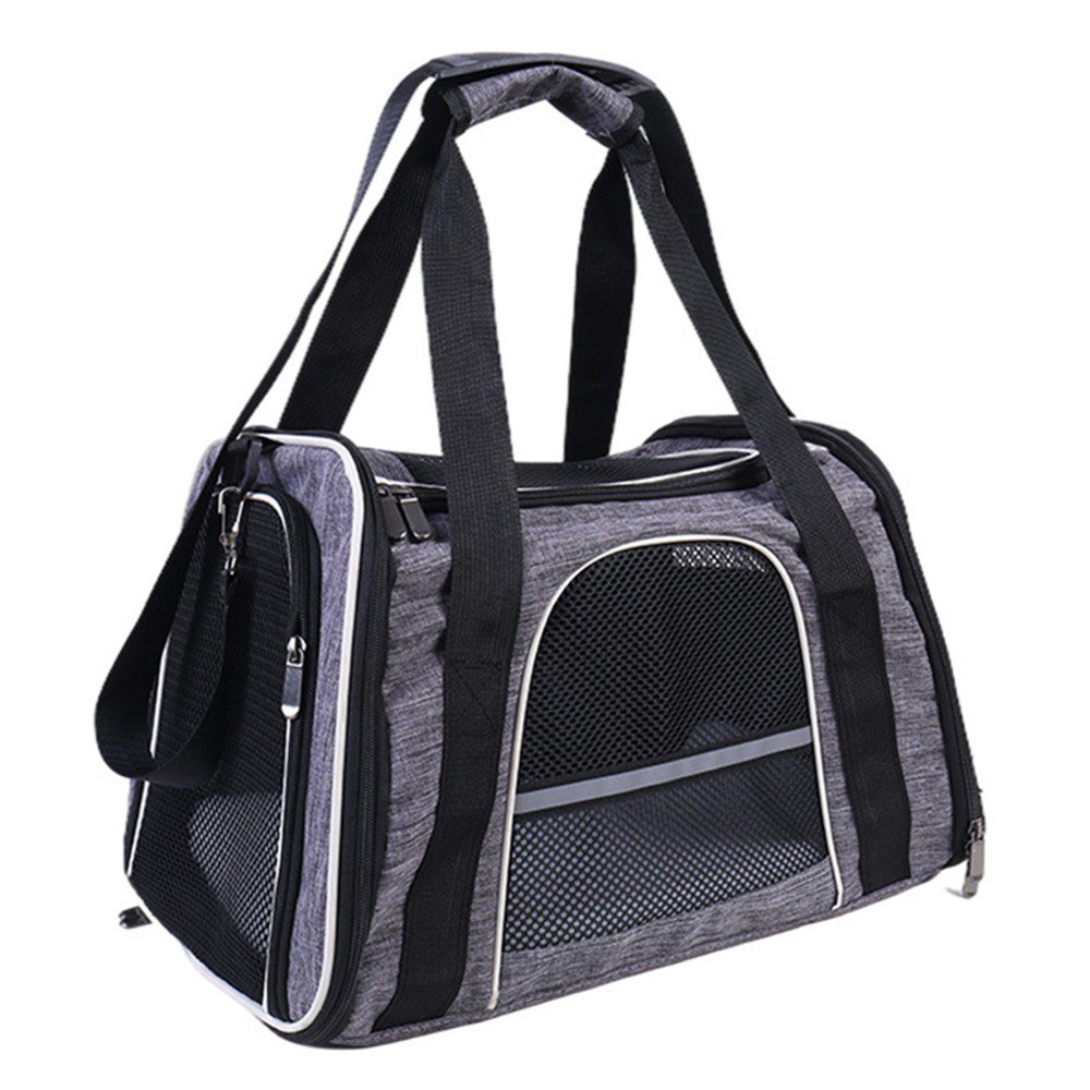 Sac de transport gris chiné pour chat, trois quarts, poignées croisées et bande réfléchissante sur le panneau avant