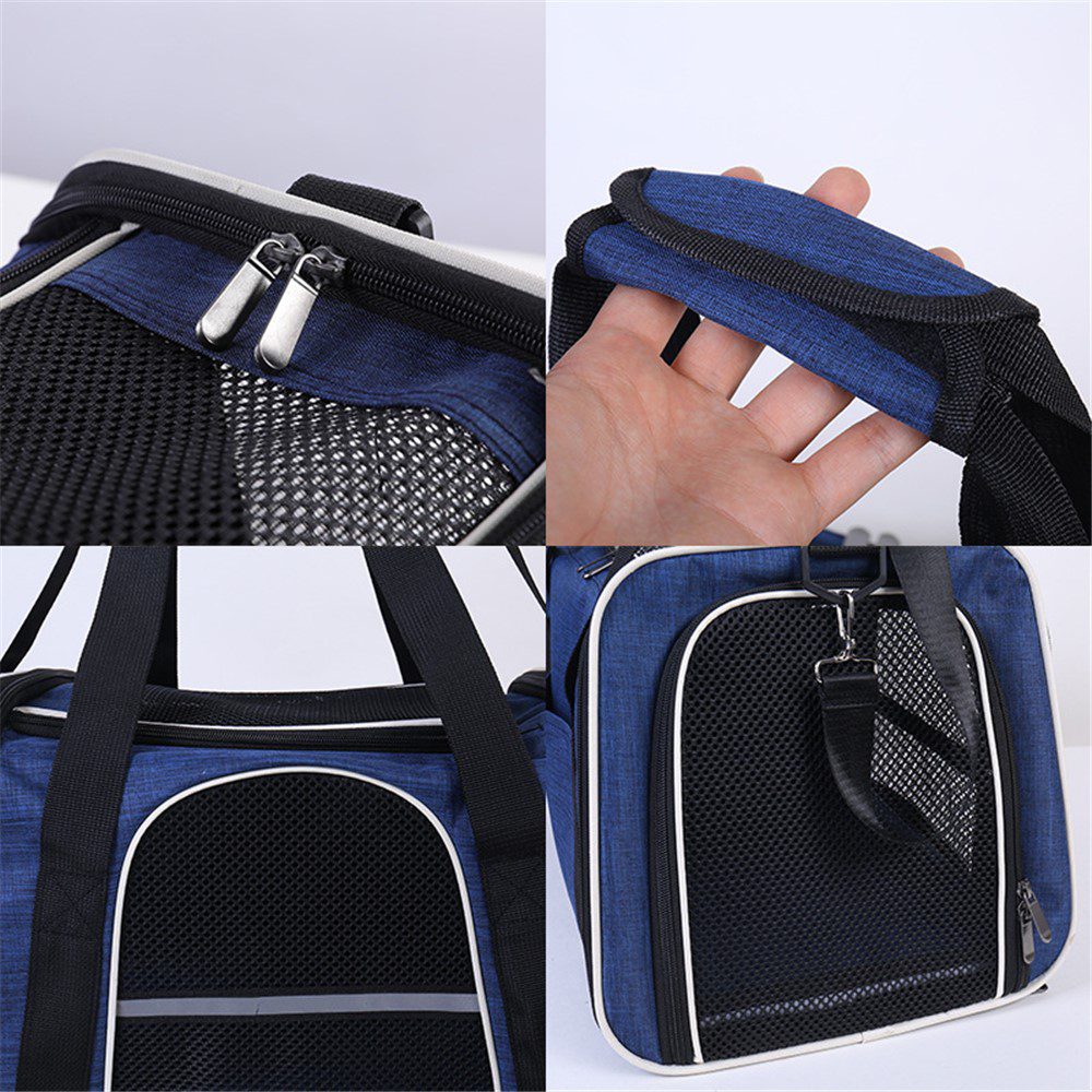 Quatre détails du sac bleu marine : fermetures à glissière, poignée tenue à la main, poche mesh et sangle