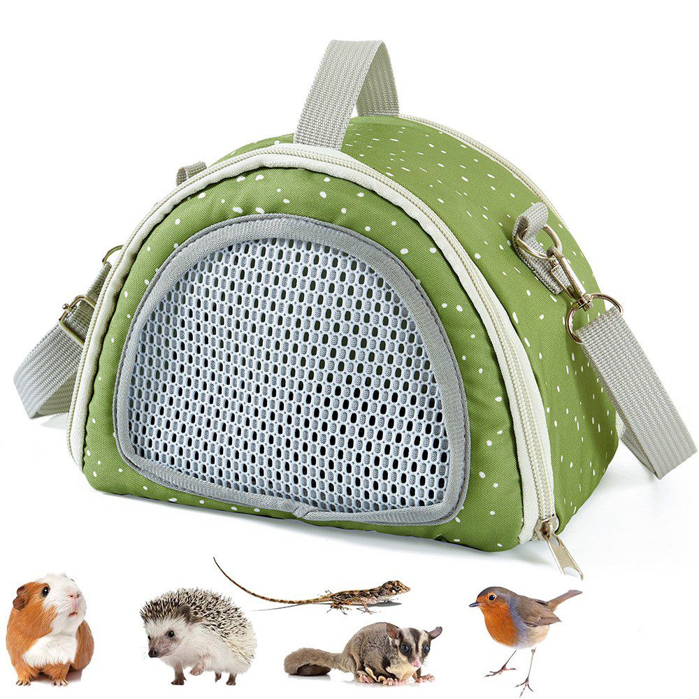Sac vert à pois blancs vu de face, large fenêtre en mesh grise, avec cochon d'Inde, hérisson, lézard et oiseau en dessous
