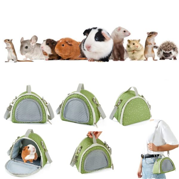 Sac de transport vert à pois blancs avec panneau en mesh, entouré de petits animaux : hamster, cochon d'Inde, furet, hérisson